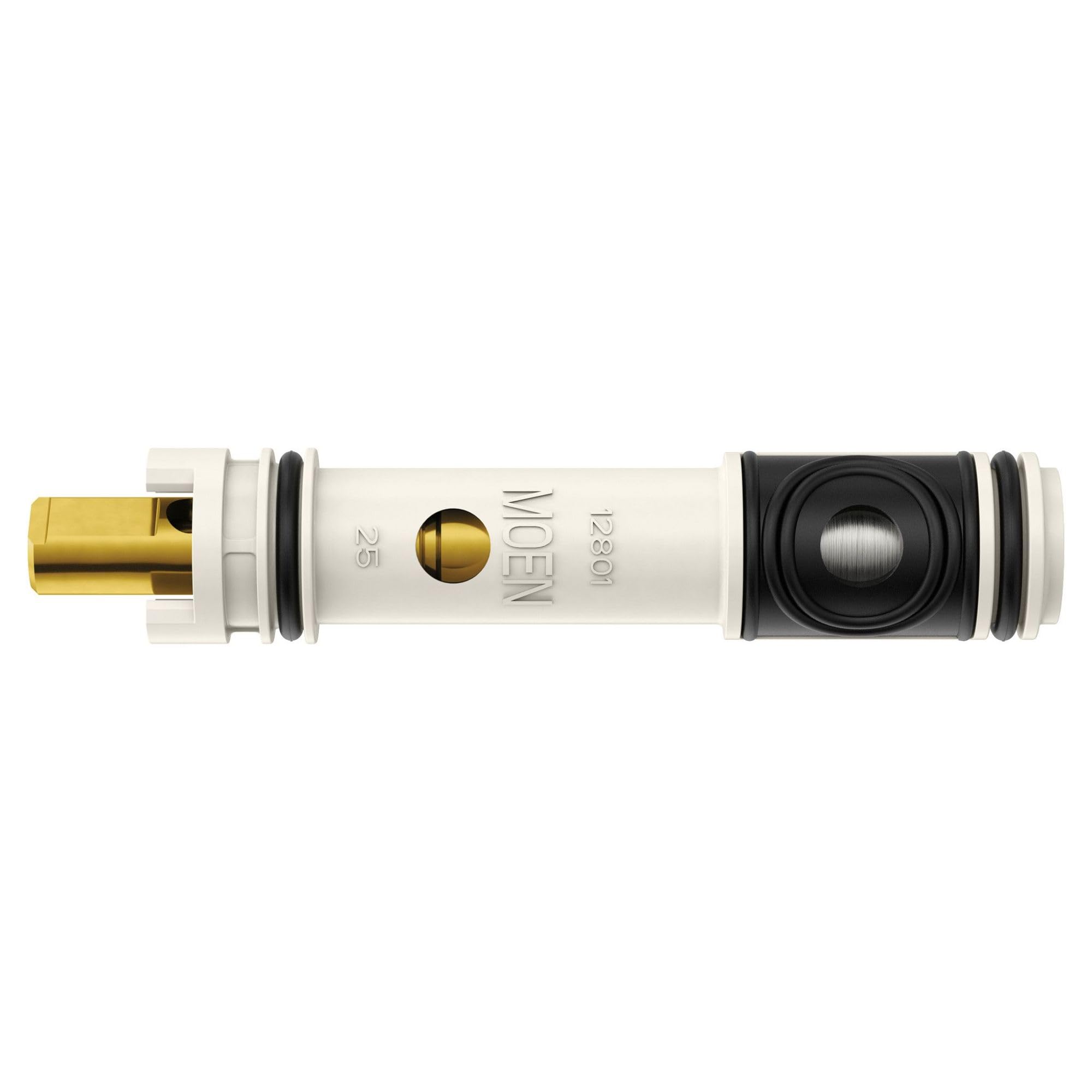 Moen 1225 faucet cartridge with brass inlet, white body, black rubber seal, and internal valve mechanism.
