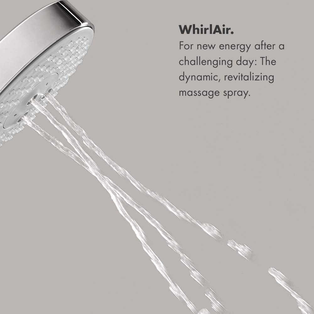 Brushed nickel round shower head with perforated face and three water streams flowing downward.
