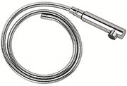 Chrome extractable shower head with flexible hose and connection fitting.