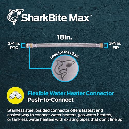 Braided stainless steel water heater connector with 3/4 in. push-to-connect and FIP ends, 18 in. length.
