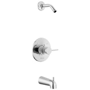 Chrome tub and shower trim with curved spout, round valve trim plate, and single lever handle.