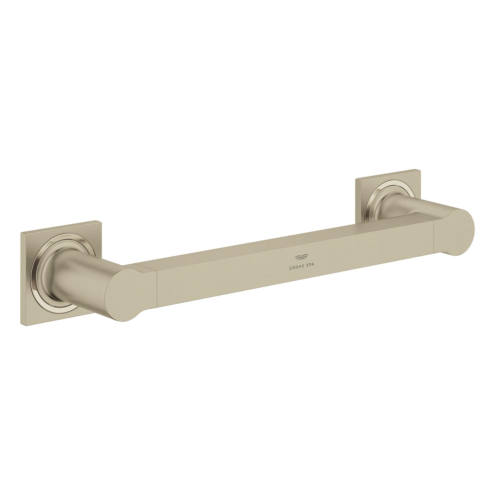 Brushed nickel grab bar with cylindrical handle and square wall mounting plates on each end.