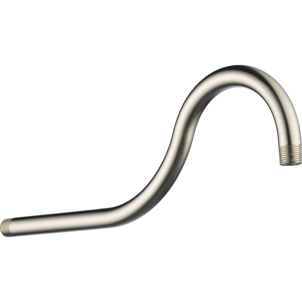 Stainless steel curved shower arm with threaded connections at both ends.