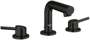 Matte black widespread bathroom faucet with tall curved spout and two lever handles on circular bases.