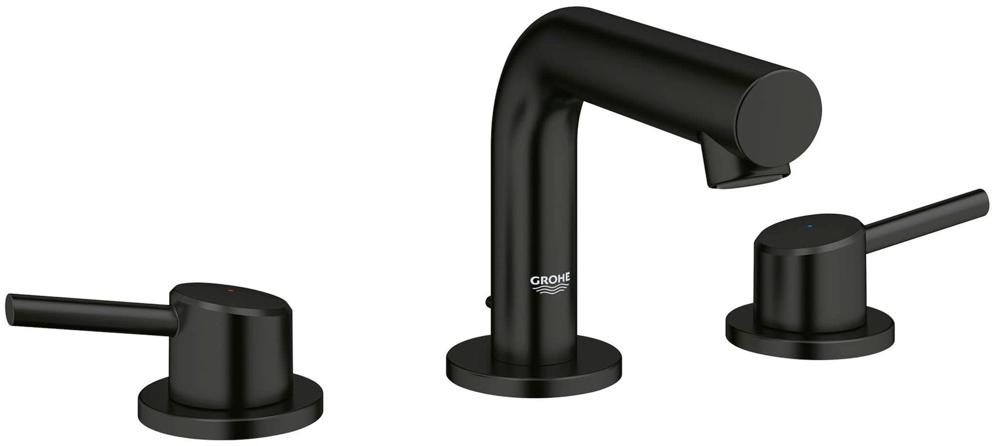 Matte black widespread bathroom faucet with tall curved spout and two lever handles on circular bases.