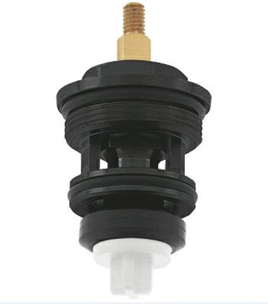 Black cylindrical automatic diverter valve with brass threaded connector and white cartridge insert at bottom.