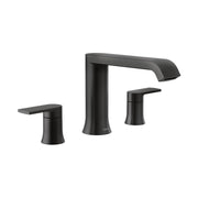 Matte black two-handle roman tub faucet trim with curved spout and cylindrical handles.