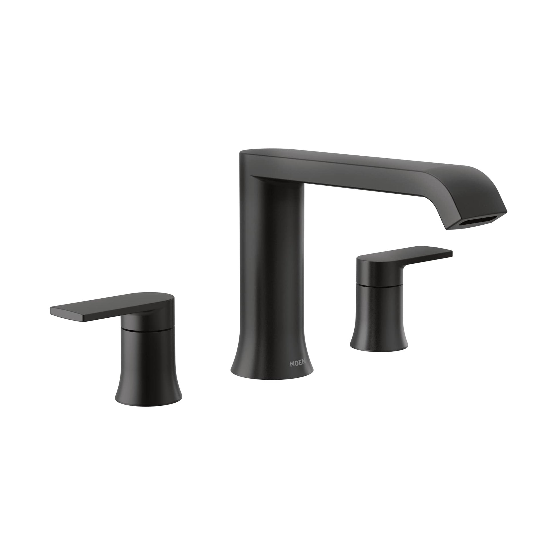 Matte black two-handle roman tub faucet trim with curved spout and cylindrical handles.