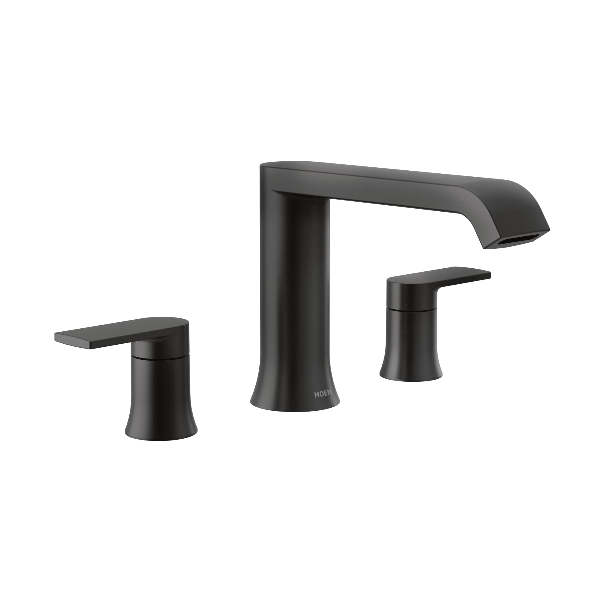 Matte black two-handle roman tub faucet trim with curved spout and cylindrical handles.