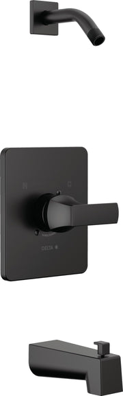 Matte black tub and shower valve trim with curved spout, lever handle, and wall-mounted square escutcheon plate.