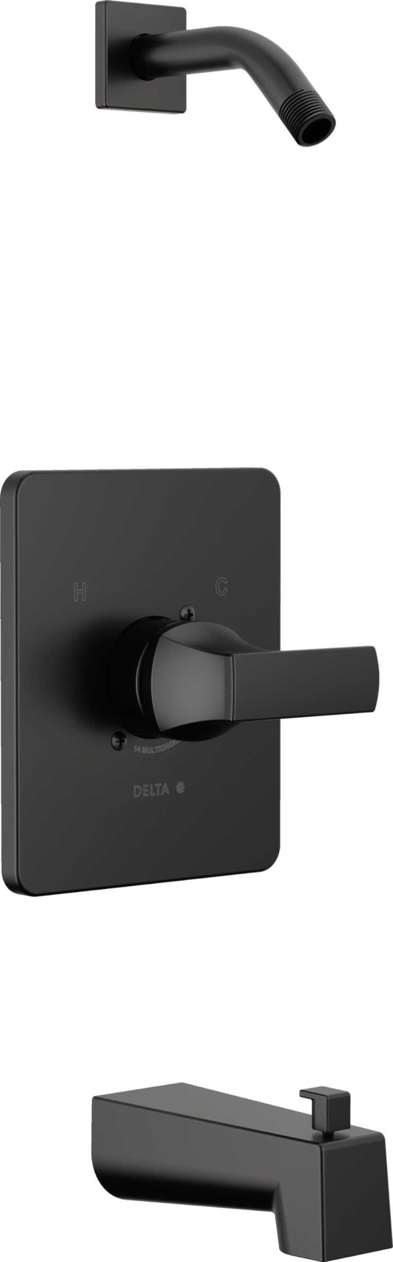Matte black tub and shower valve trim with curved spout, lever handle, and wall-mounted square escutcheon plate.