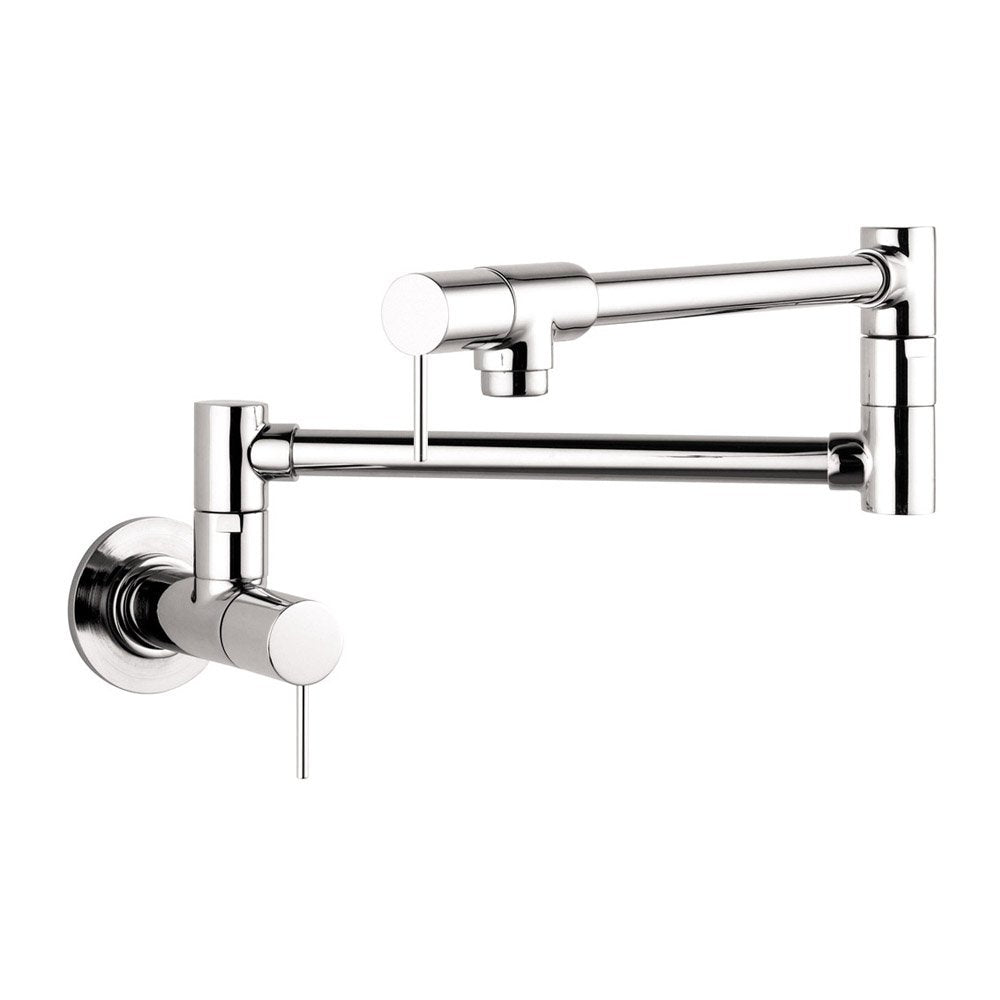Chrome wall-mounted pot filler with articulating arm and single lever handle.