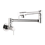 Chrome wall-mounted pot filler with articulating arm and single lever handle.