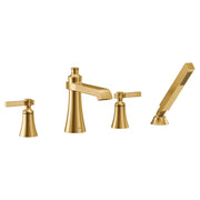 Brushed gold two-handle roman tub faucet trim with lever handles, spout, and detachable handshower.
