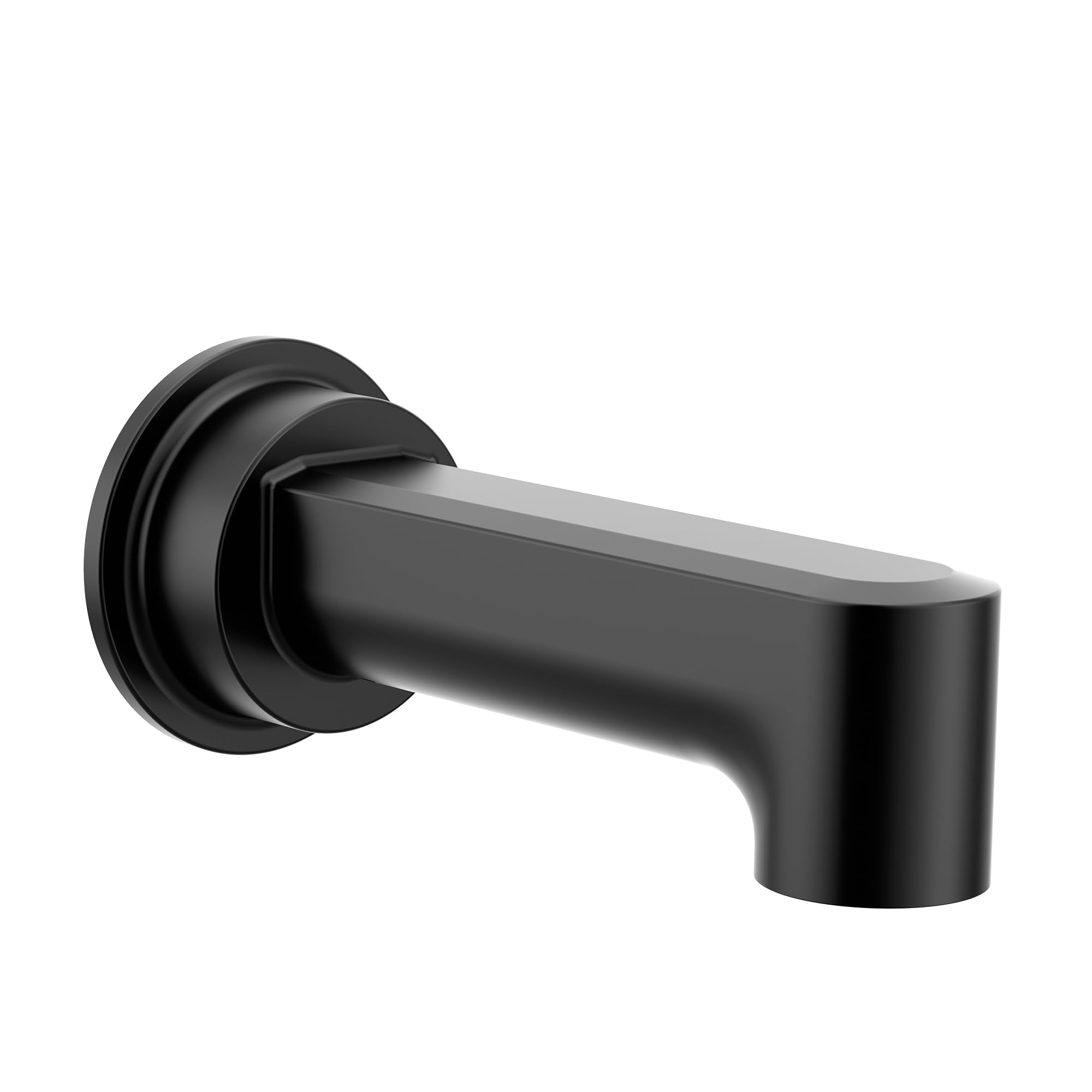 Matte black tub spout with curved cylindrical outlet and round wall-mounted flange connection.