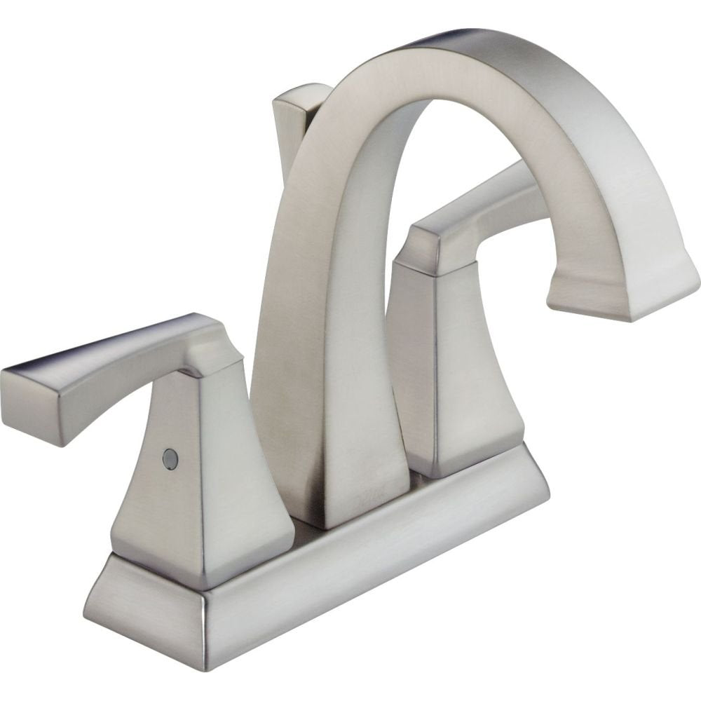 Chrome two-handle bathroom faucet with curved spout and rectangular handles on matching base.