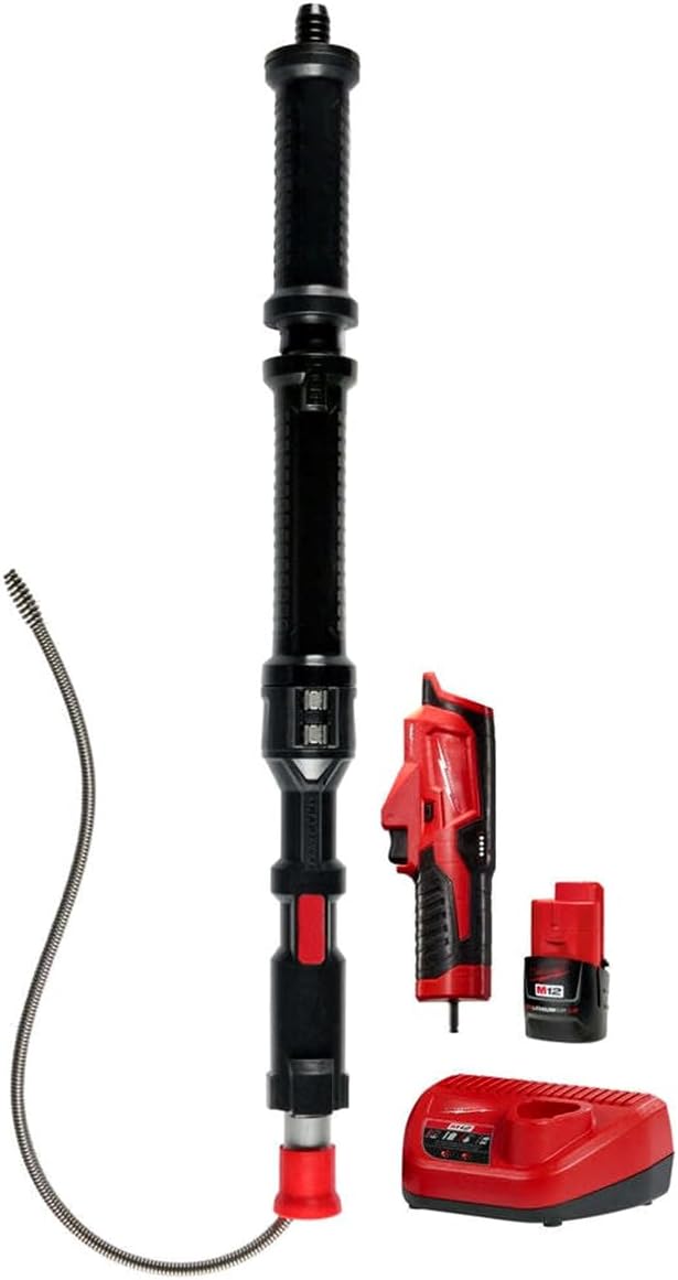 Milwaukee M12 TRAPSNAKE urinal auger with black handle, red accents, flexible metal cable, battery, charger, and carrying cas