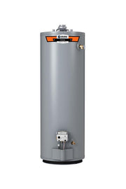 Tall cylindrical gray water heater with orange and black State ProLine branding, control panel at top, and burner compartment