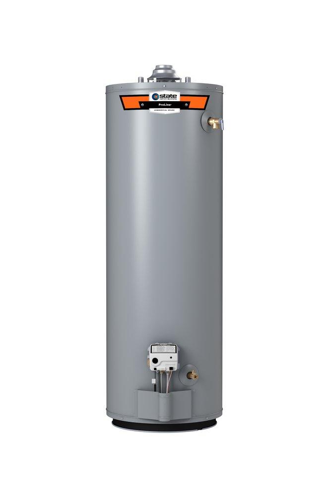 Tall cylindrical gray water heater with orange and black State ProLine branding, control panel at top, and burner compartment