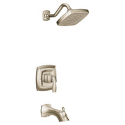 Polished nickel tub and shower trim kit with single handle control, curved arm, rectangular showerhead, and tub spout.