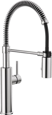 Chrome kitchen faucet with coiled pull-down hose, single lever handle, and cylindrical spout.