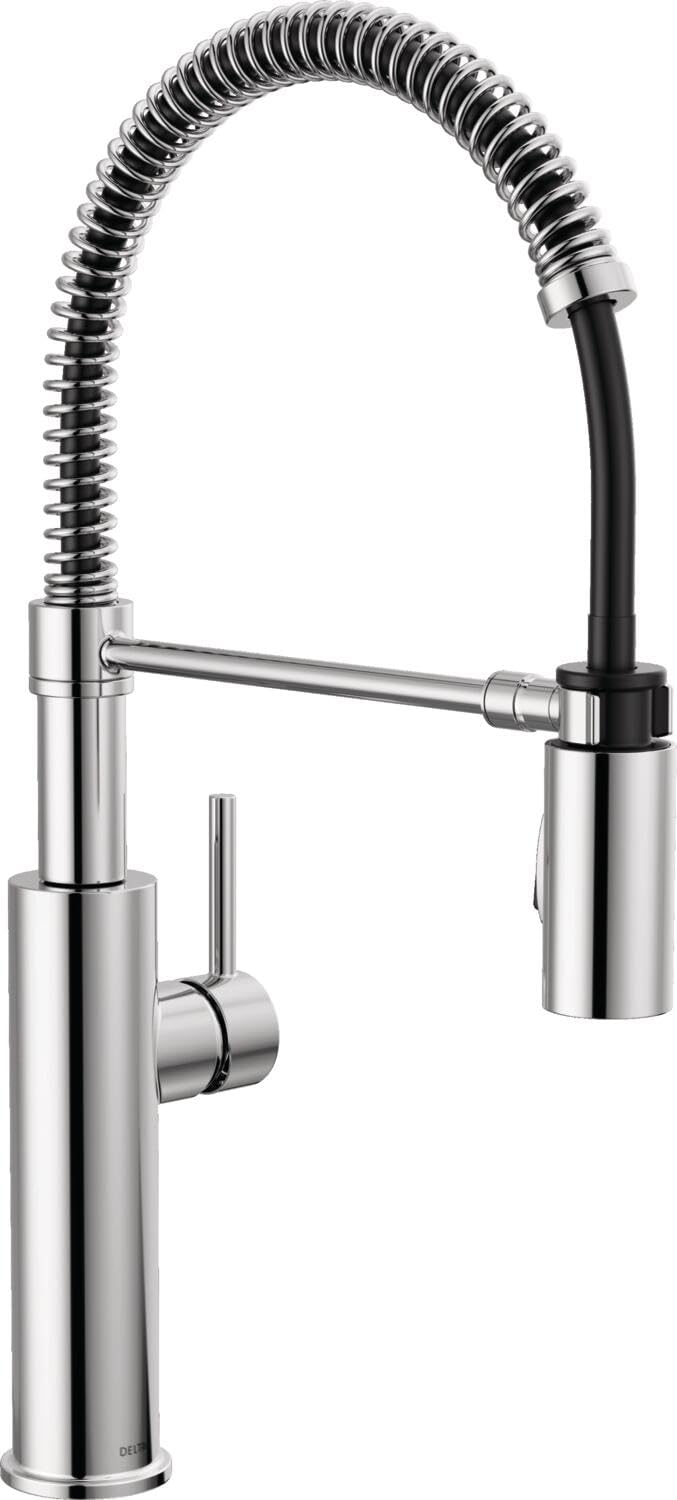 Chrome kitchen faucet with coiled pull-down hose, single lever handle, and cylindrical spout.