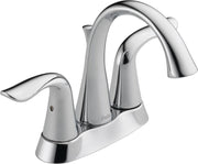 Chrome two-handle bathroom faucet with curved spout and lever handles on white base.