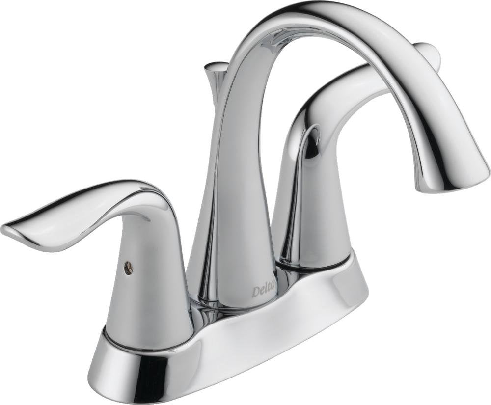 Chrome two-handle bathroom faucet with curved spout and lever handles on white base.
