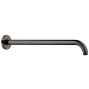 Dark graphite shower arm with wall-mounted circular flange and angled end fitting.