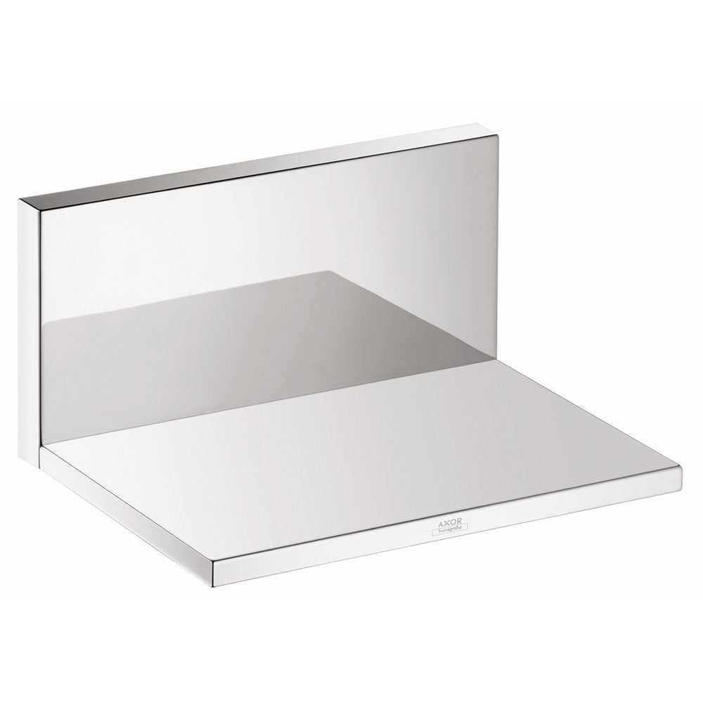 Chrome tub spout trim with rectangular backplate and shelf ledge, shown at angle.