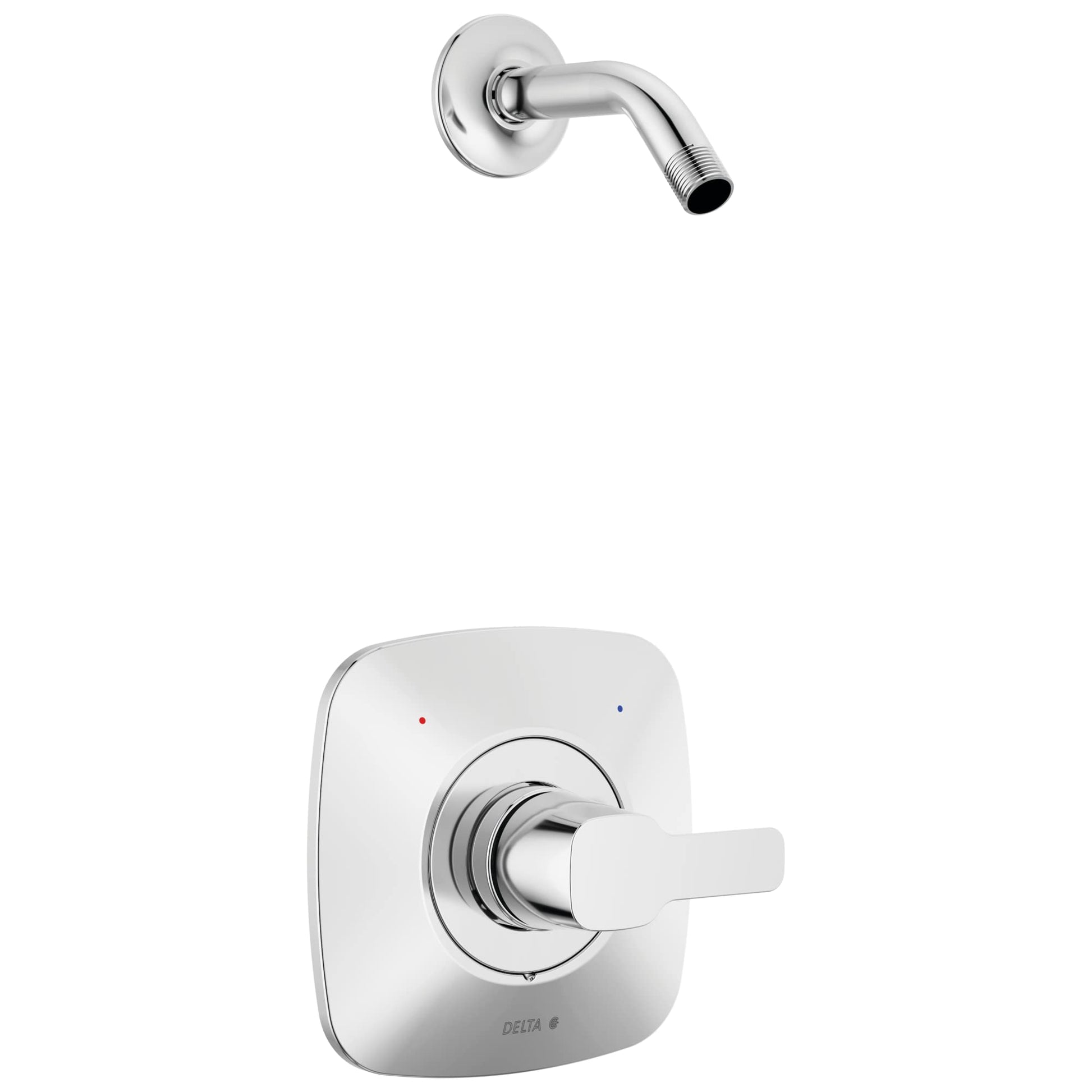 Chrome and white shower trim with curved arm, wall-mounted escutcheon plate, and single lever handle with temperature indicat
