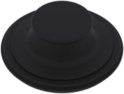 Matte black round garbage disposal stopper with domed center and wide base.