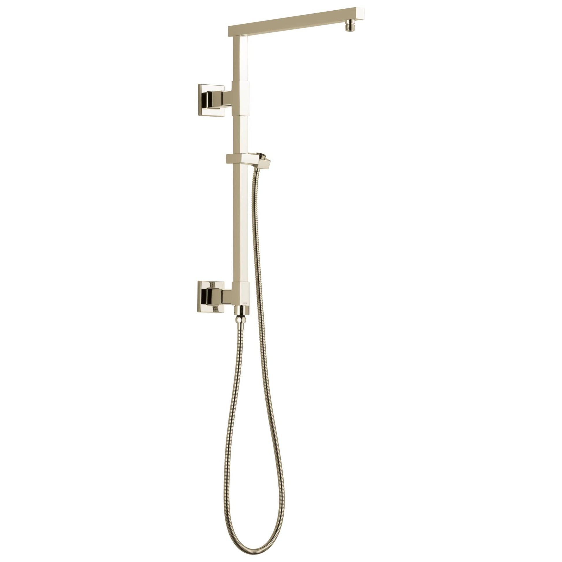Brushed nickel angular shower column with overhead arm, handheld showerhead, and wall-mounted control valve.