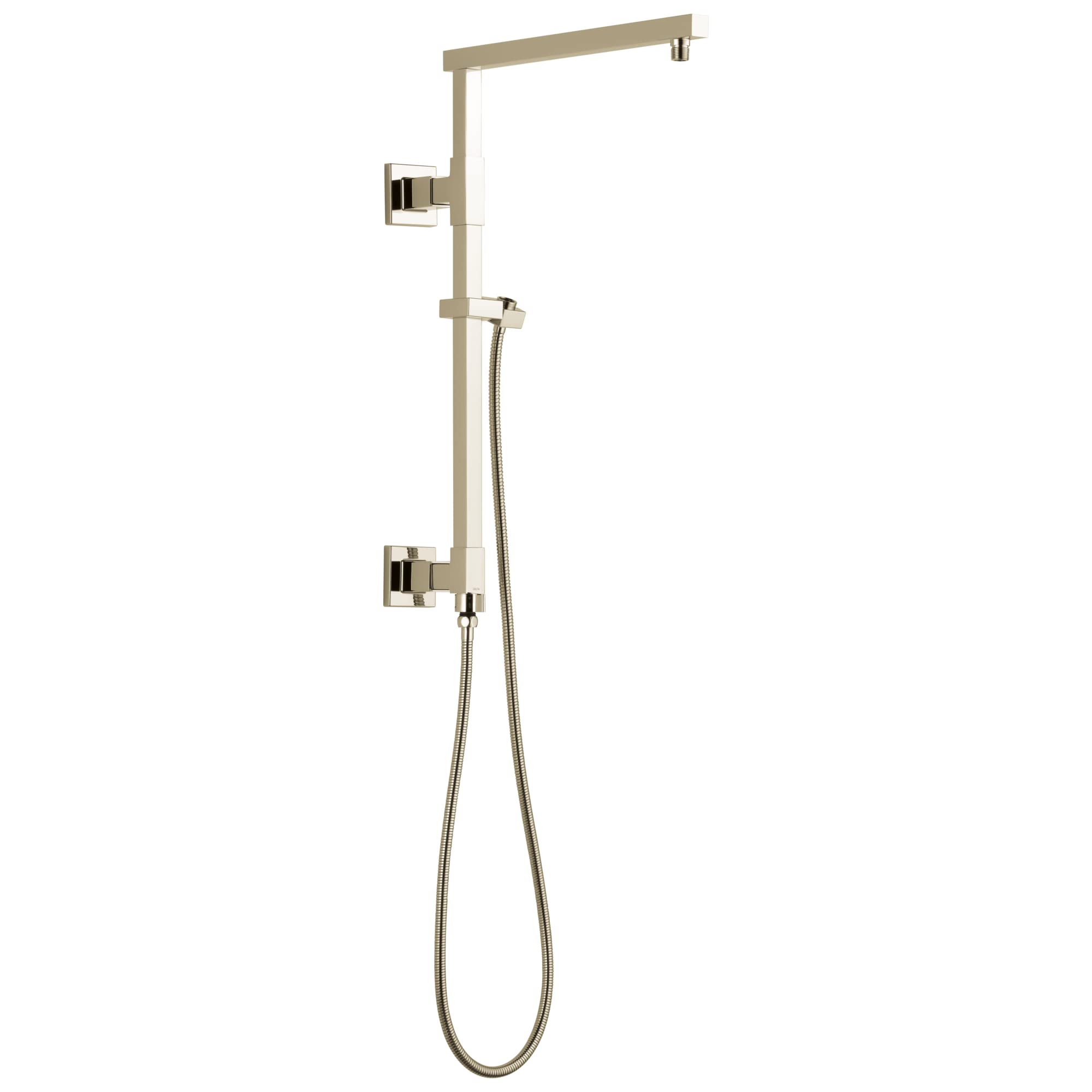 Brushed nickel angular shower column with overhead arm, handheld showerhead, and wall-mounted control valve.