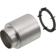 Stainless steel cylindrical trim sleeve with black plastic spacer ring featuring mounting tabs.