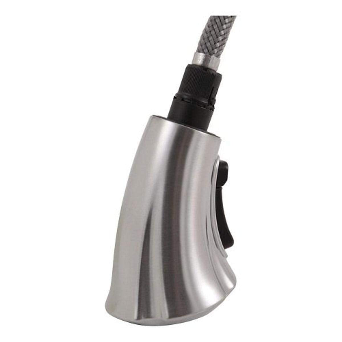 Chrome wand assembly with black grip handle and braided hose attachment.