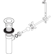 Chrome bathroom sink drain assembly with popup stopper and dual-control lever handle mechanism.