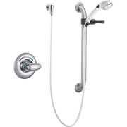 Chrome shower trim kit with single-lever valve, grab bar, handheld showerhead, and hose.