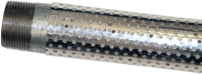 Stainless steel drive point with threaded connection end and perforated cylindrical screen body.