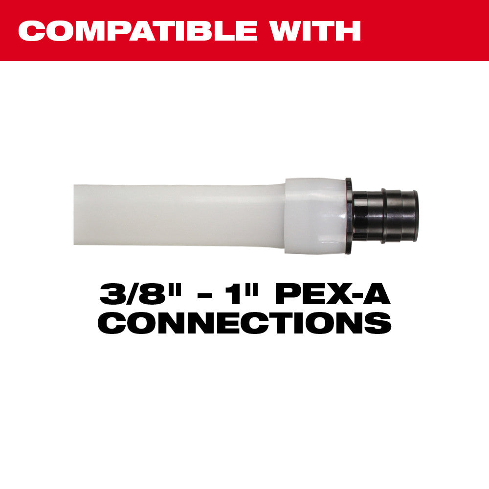 White PEX tubing with black metal expander head connector for 3/8" to 1" PEX-A connections.