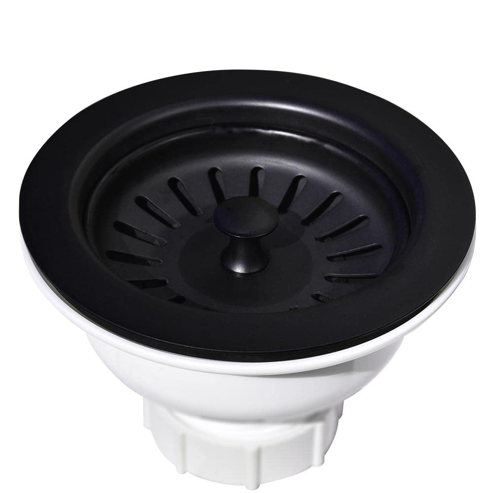 Matte black basket strainer with white plastic base and radial slot pattern for sink drain.