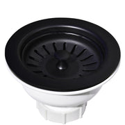 Matte black basket strainer with white plastic base and radial slot pattern for sink drain.