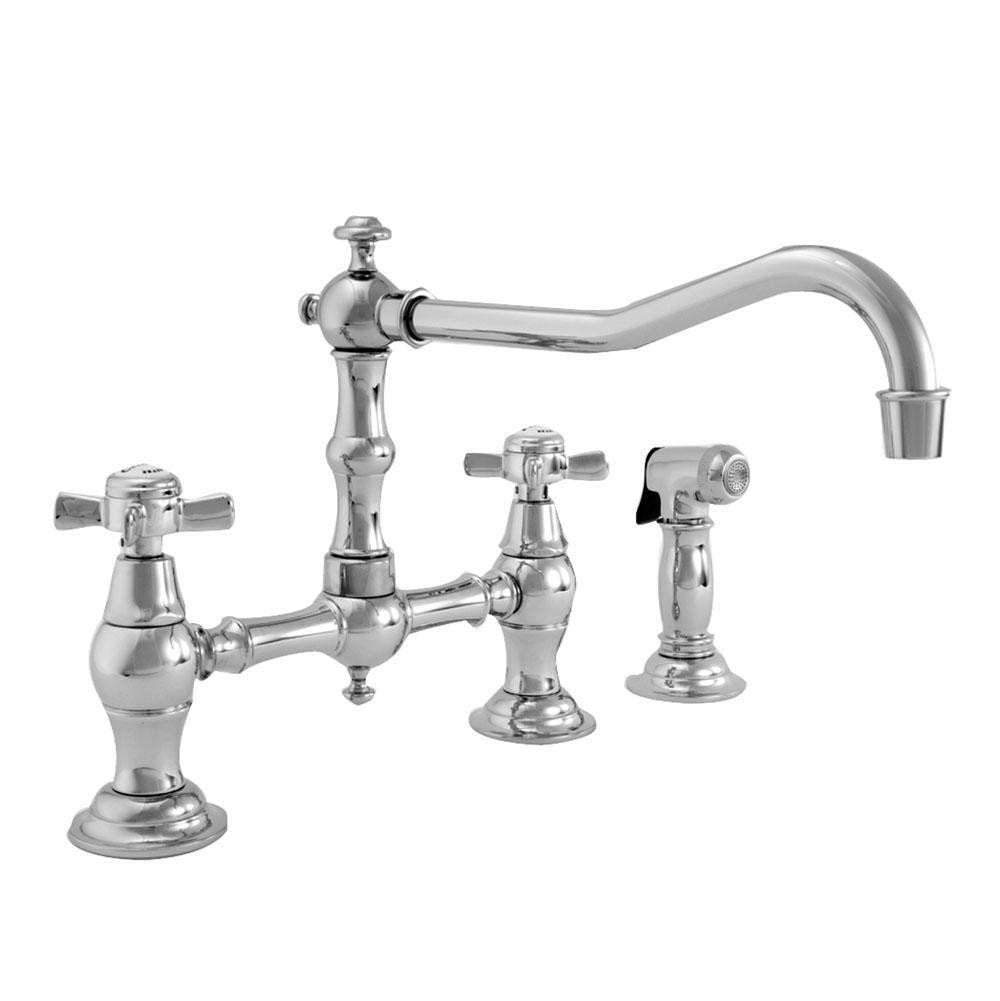 Polished nickel bridge kitchen faucet with curved spout, cross handles, and detachable side spray.