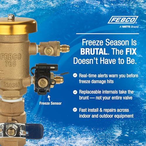 Bronze pressure vacuum breaker with 3/4 inch union connections and integrated freeze sensor warning system.
