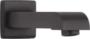 Matte black curved tub spout with square wall mounting plate and downward-facing outlet.