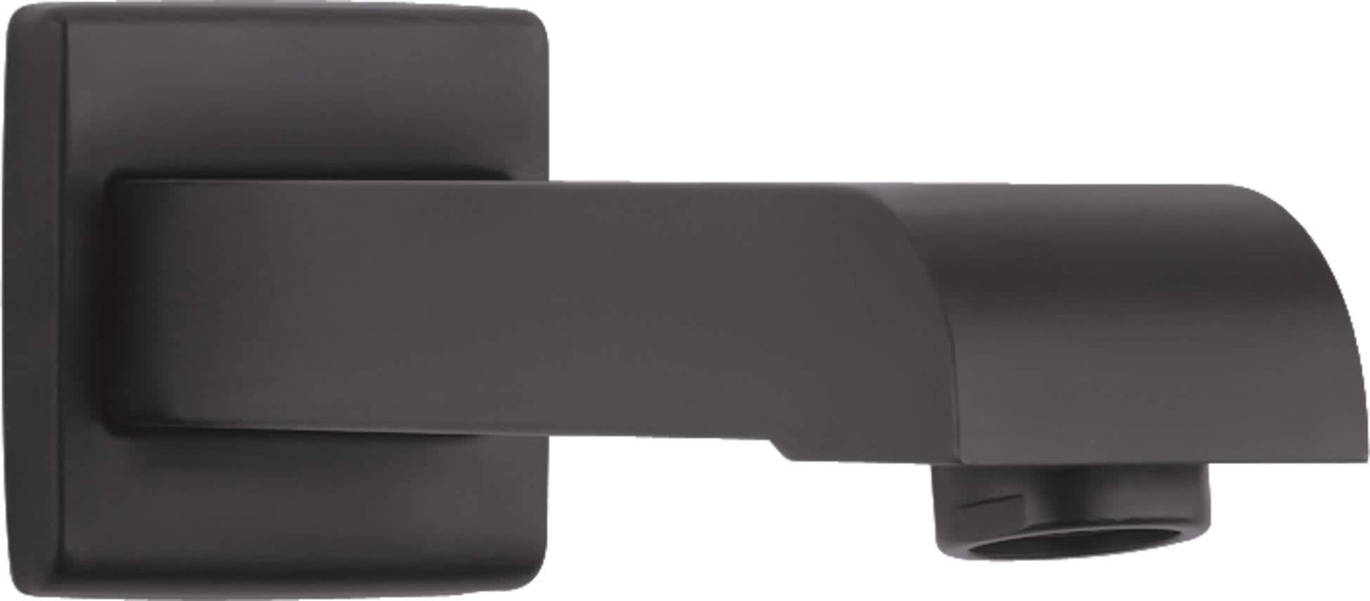 Matte black curved tub spout with square wall mounting plate and downward-facing outlet.