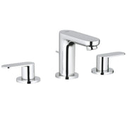 Chrome widespread bathroom faucet with two lever handles and curved spout.