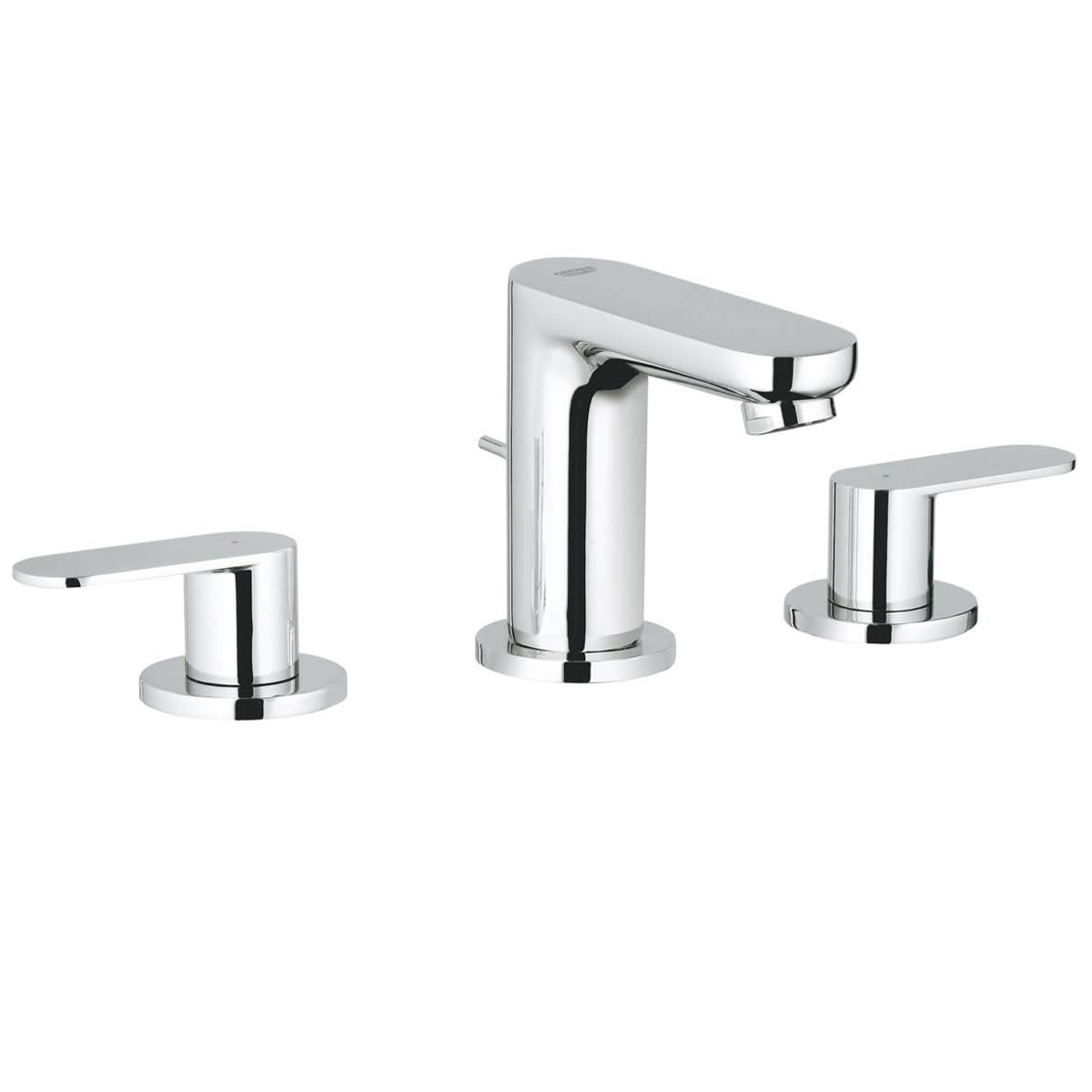Chrome widespread bathroom faucet with two lever handles and curved spout.