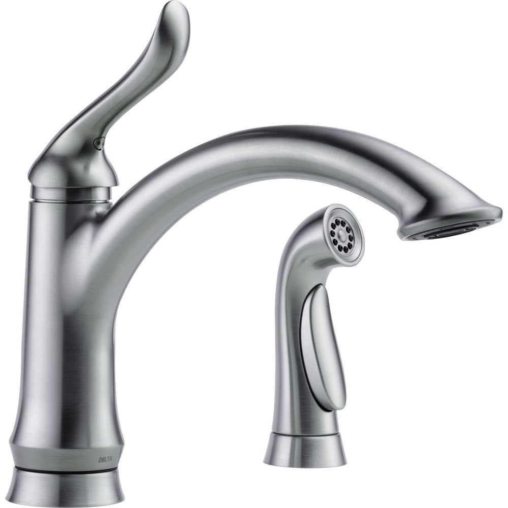 Brushed stainless steel kitchen faucet with curved spout, single handle, and detachable spray head.