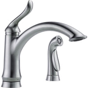 Brushed stainless steel kitchen faucet with curved spout, single handle, and detachable spray head.
